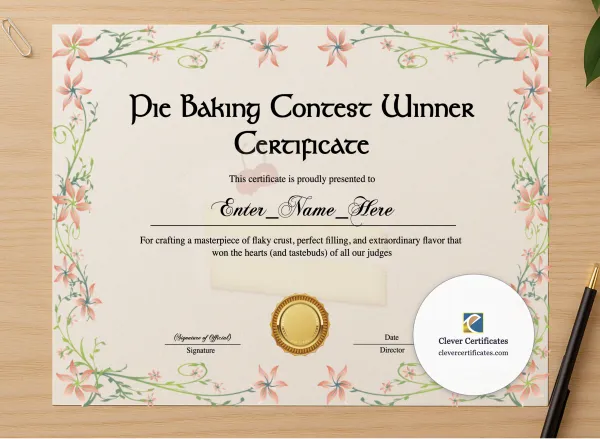 Professional preview of Pie Baking Contest Winner Certificate certificate on high-quality stationery paper, ideal for showcasing the final look.