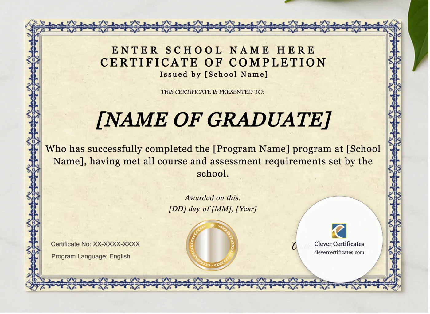 Program Completion Certificate Blue Filigree Classic Landscape presented in a sleek wooden frame, elegantly arranged on a stylish table.