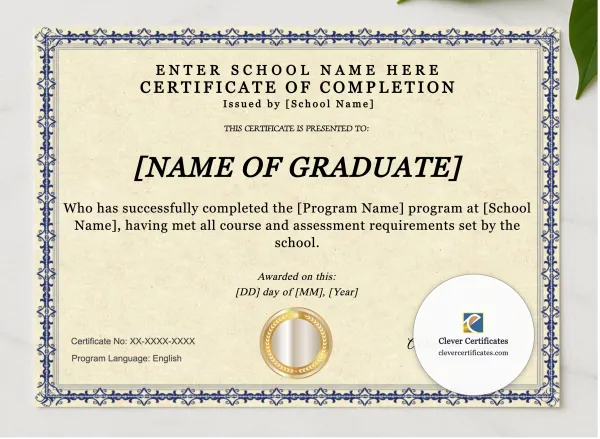 Program Completion Certificate Blue Filigree Classic Landscape presented in a sleek wooden frame, elegantly arranged on a stylish table.