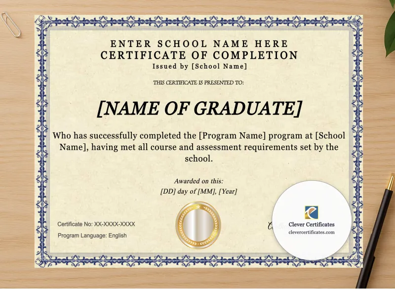 Professional preview of Program Completion Certificate Blue Filigree Classic Landscape certificate on high-quality stationery paper, ideal for showcasing the final look.