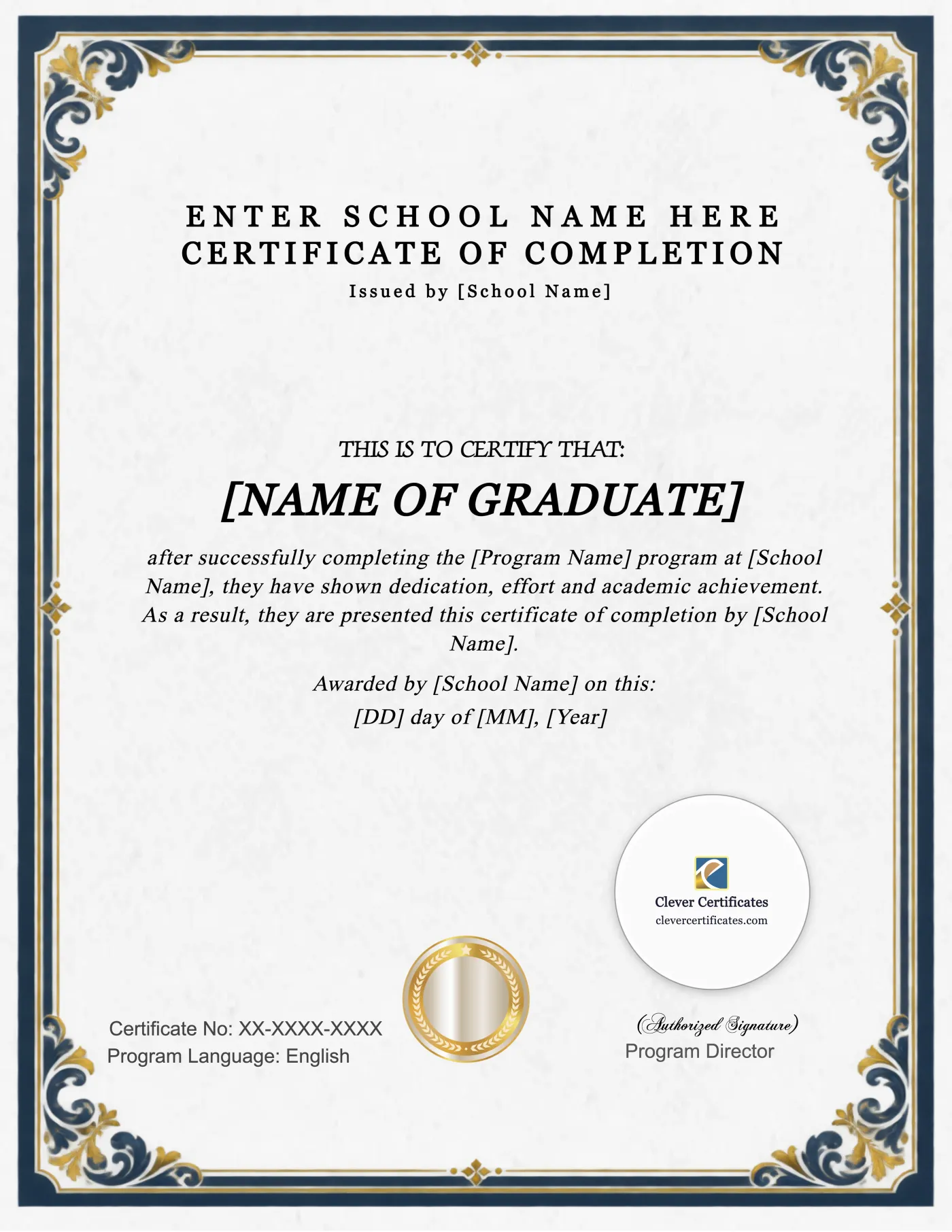 Program Completion Certificate Navy Ornate Portrait — Certificate Template Preview
