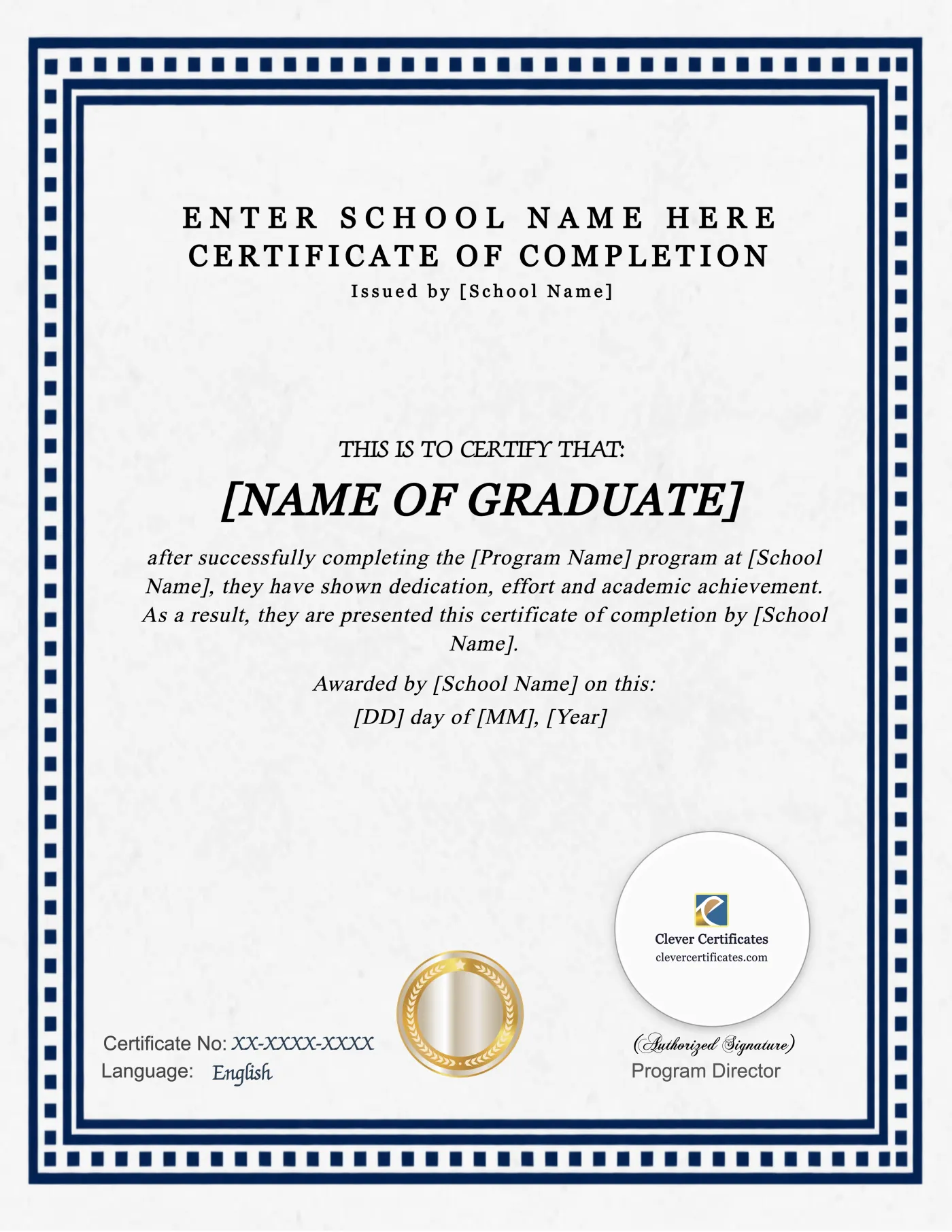 Program Completion Certificate Navy Classic Frame Portrait — Certificate Template Preview
