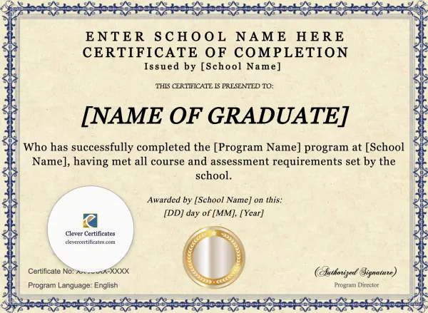 Program Completion Certificate – Blue Filigree Formal Landscape