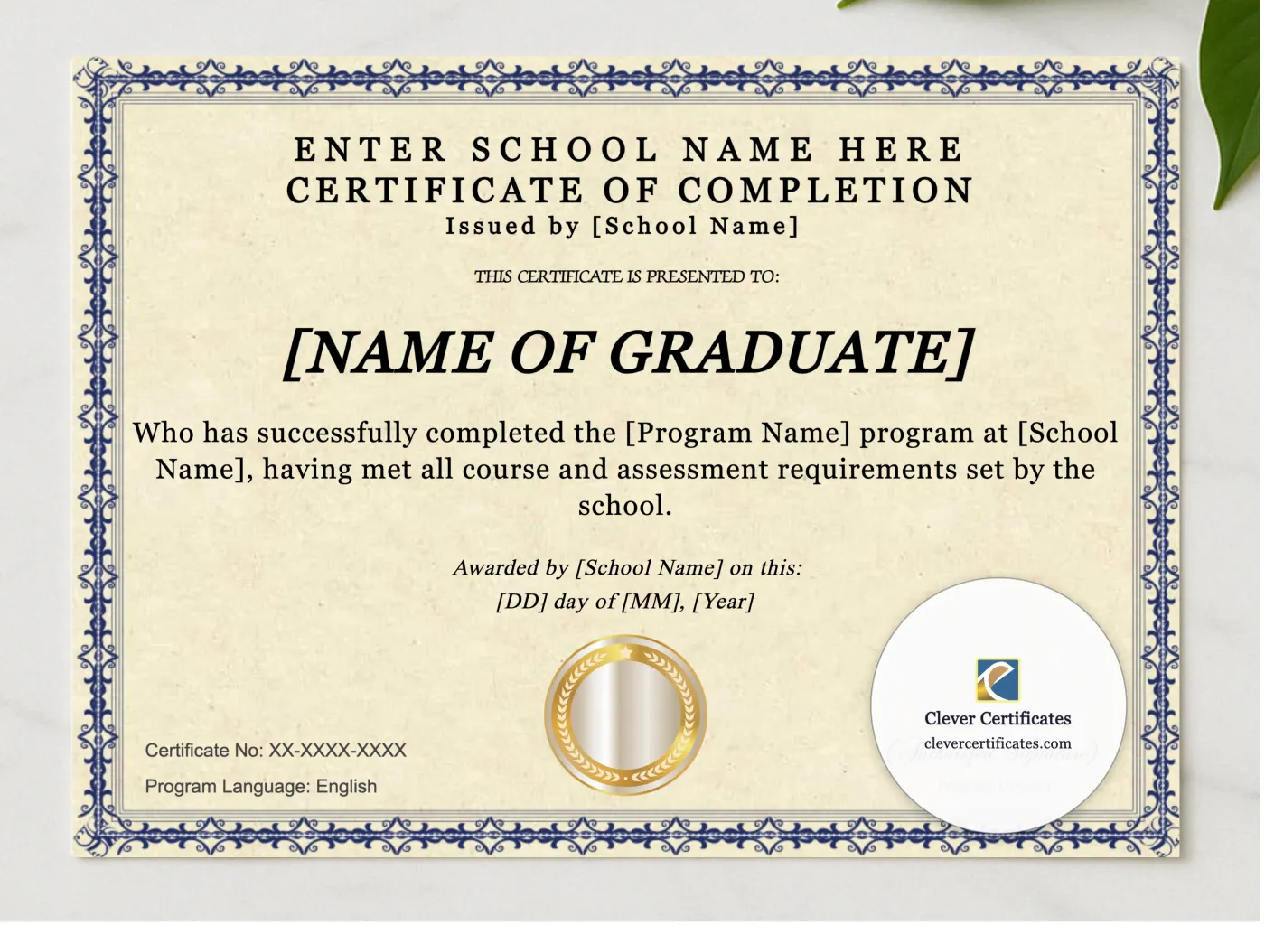 Program Completion Certificate Blue Filigree Formal Landscape presented in a sleek wooden frame, elegantly arranged on a stylish table.