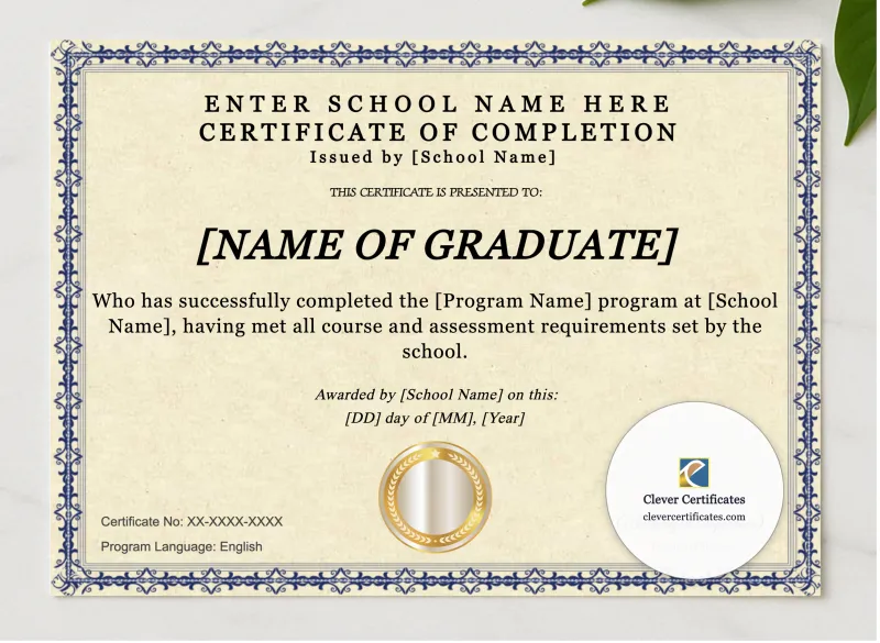 Program Completion Certificate Blue Filigree Formal Landscape presented in a sleek wooden frame, elegantly arranged on a stylish table.
