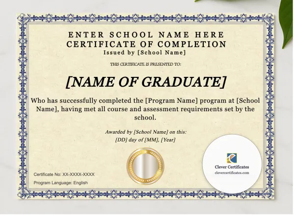 Program Completion Certificate Blue Filigree Formal Landscape presented in a sleek wooden frame, elegantly arranged on a stylish table.