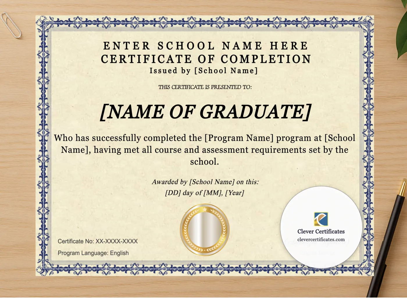 Professional preview of Program Completion Certificate Blue Filigree Formal Landscape certificate on high-quality stationery paper, ideal for showcasing the final look.