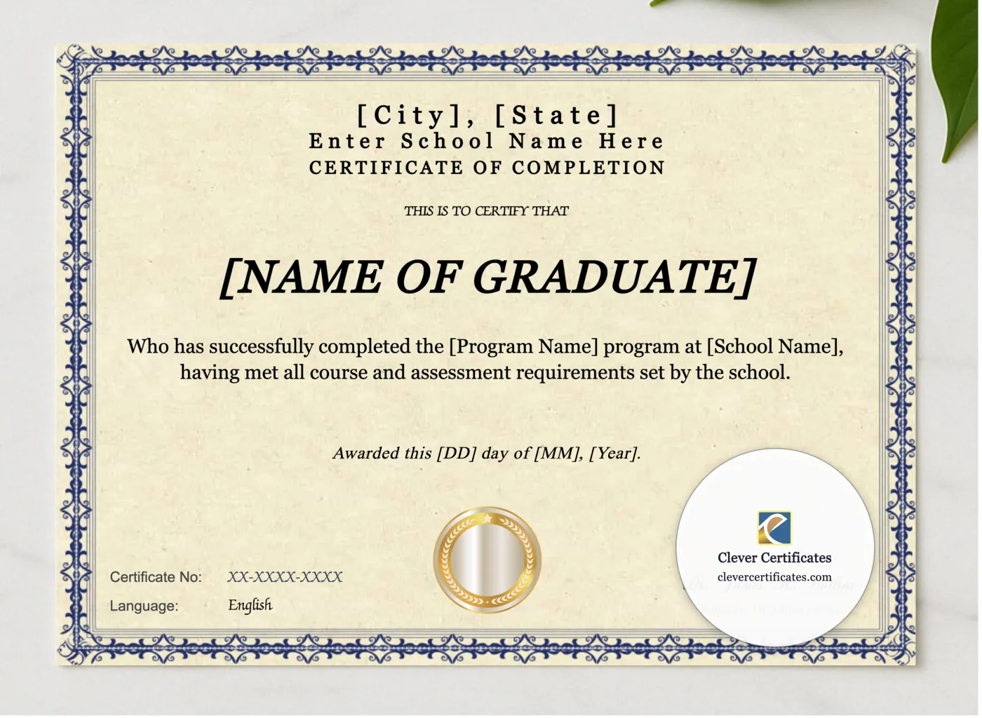 Program Completion Certificate Blue Filigree Modern Landscape presented in a sleek wooden frame, elegantly arranged on a stylish table.
