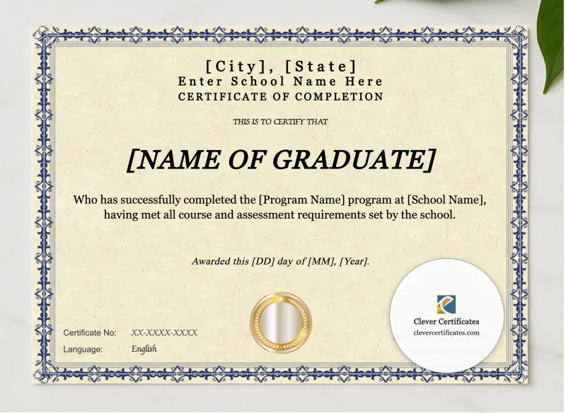 Program Completion Certificate Blue Filigree Modern Landscape presented in a sleek wooden frame, elegantly arranged on a stylish table.