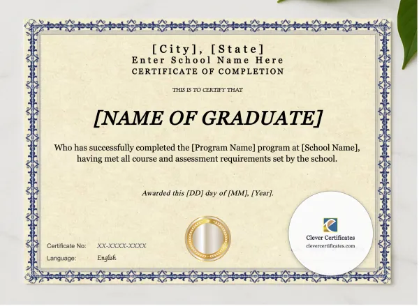 Program Completion Certificate Blue Filigree Modern Landscape presented in a sleek wooden frame, elegantly arranged on a stylish table.