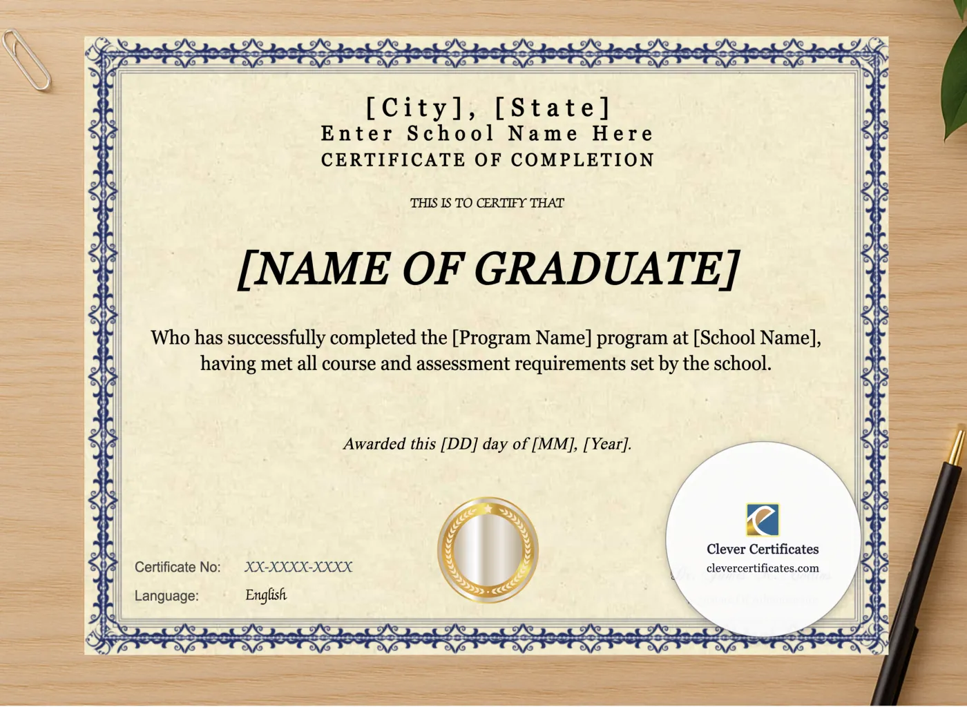 Professional preview of Program Completion Certificate Blue Filigree Modern Landscape certificate on high-quality stationery paper, ideal for showcasing the final look.