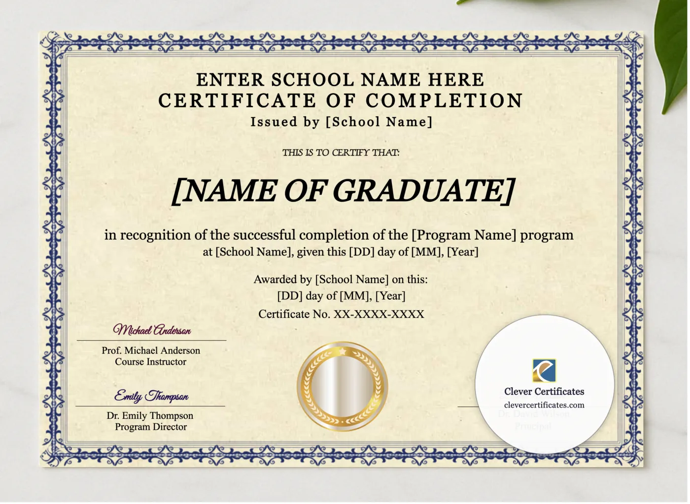 Program Completion Certificate Blue Filigree Three Signature Landscape presented in a sleek wooden frame, elegantly arranged on a stylish table.