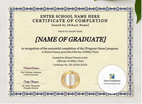 Program Completion Certificate Blue Filigree Three Signature Landscape presented in a sleek wooden frame, elegantly arranged on a stylish table.