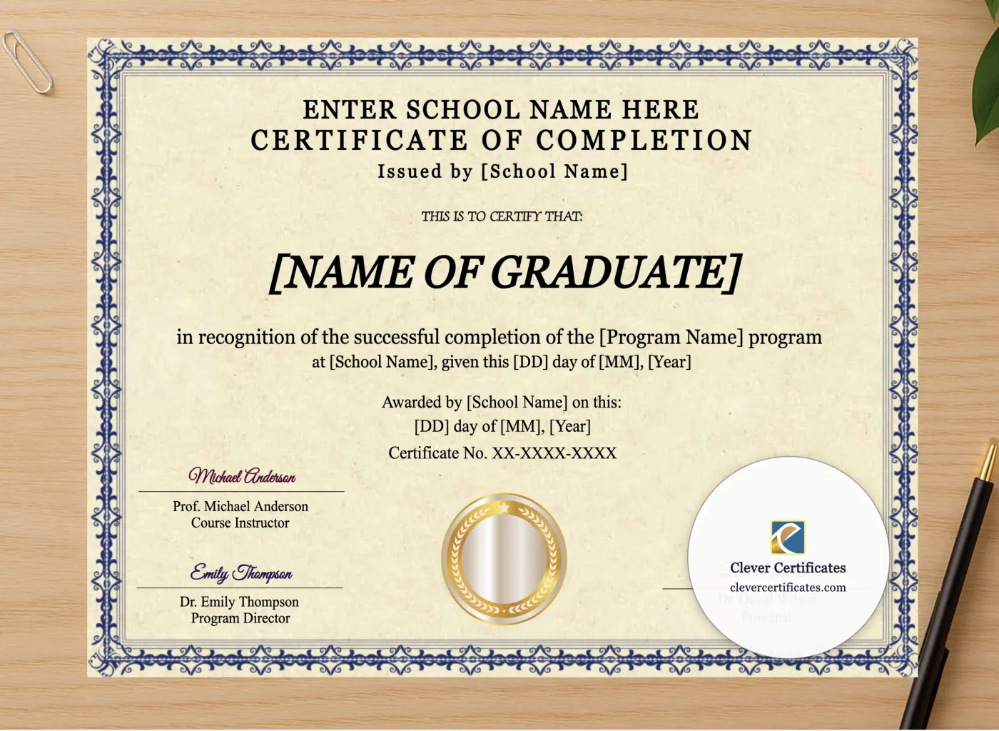 Professional preview of Program Completion Certificate Blue Filigree Three Signature Landscape certificate on high-quality stationery paper, ideal for showcasing the final look.