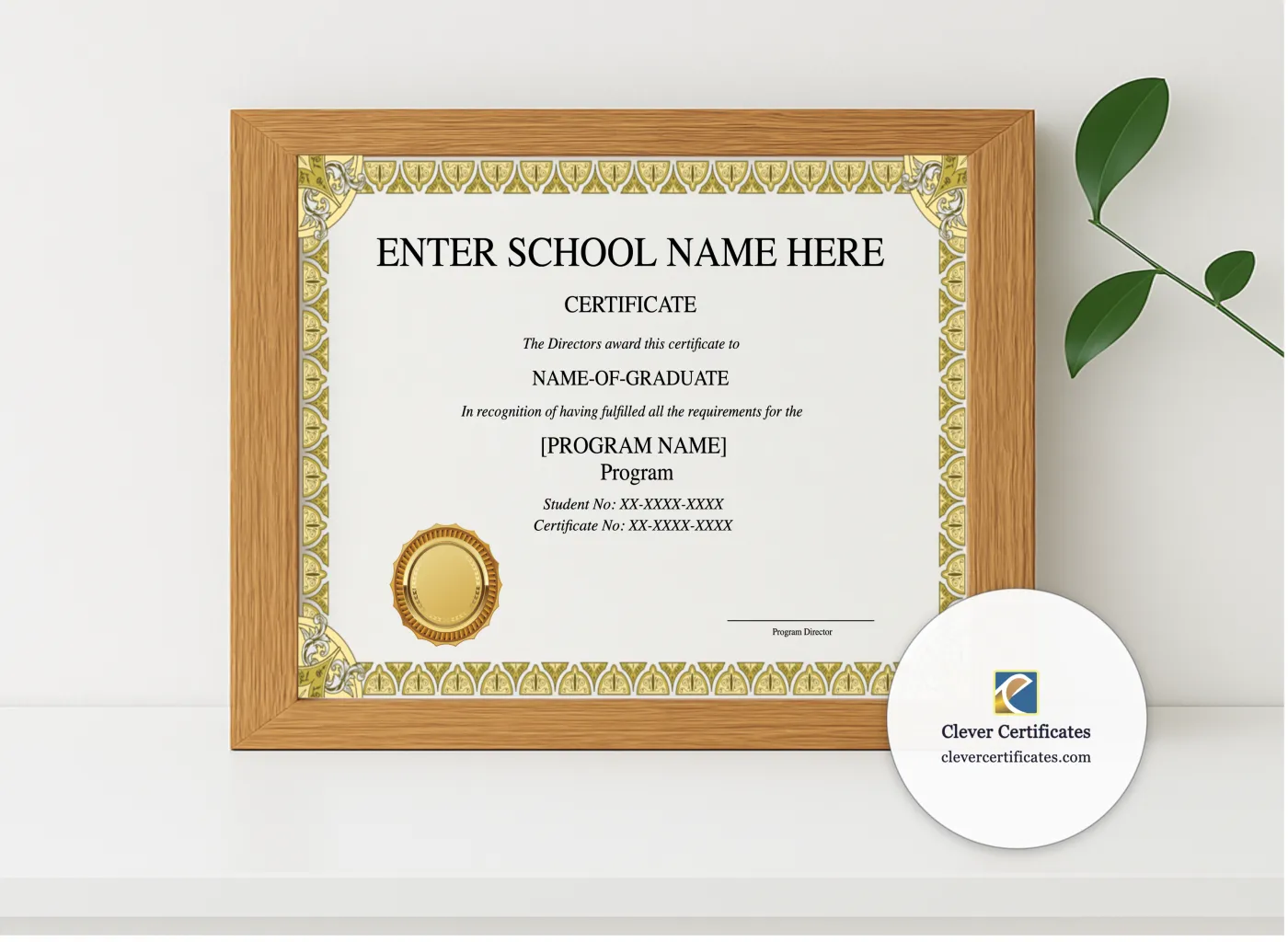 Realistic mockup featuring Program Completion Certificate Gold Shields Classic Landscape displayed within a modern frame, set against a minimalistic background.