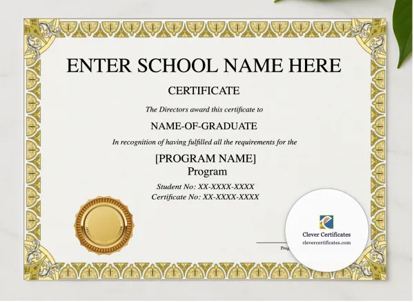 Program Completion Certificate Gold Shields Classic Landscape presented in a sleek wooden frame, elegantly arranged on a stylish table.