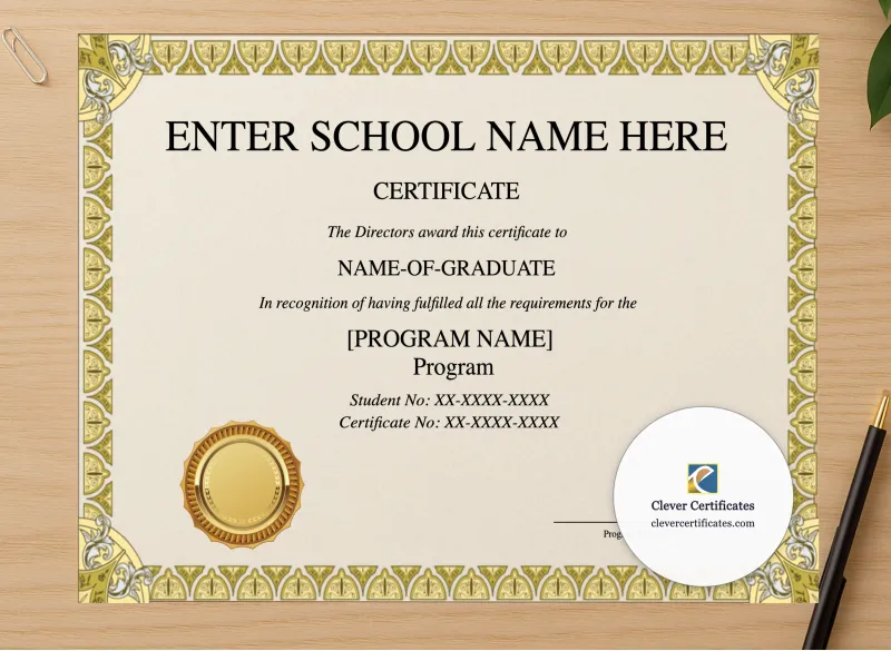 Professional preview of Program Completion Certificate Gold Shields Classic Landscape certificate on high-quality stationery paper, ideal for showcasing the final look.