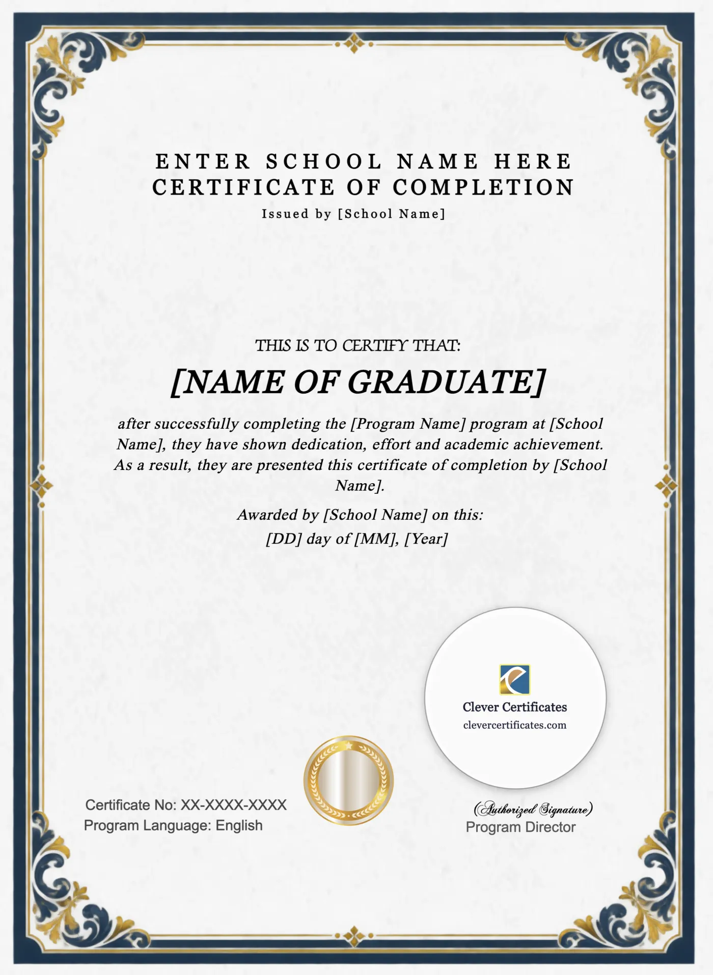 Program Completion Certificate Navy Ornate Letter Portrait — Certificate Template Preview