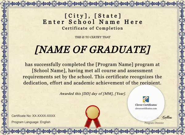 Program Completion Certificate – Blue Filigree Red Ribbon Landscape
