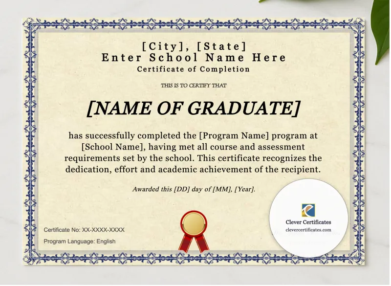 Program Completion Certificate Blue Filigree Red Ribbon Landscape presented in a sleek wooden frame, elegantly arranged on a stylish table.