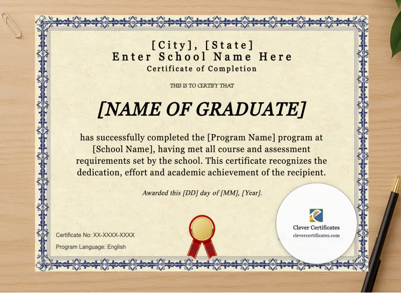 Professional preview of Program Completion Certificate Blue Filigree Red Ribbon Landscape certificate on high-quality stationery paper, ideal for showcasing the final look.