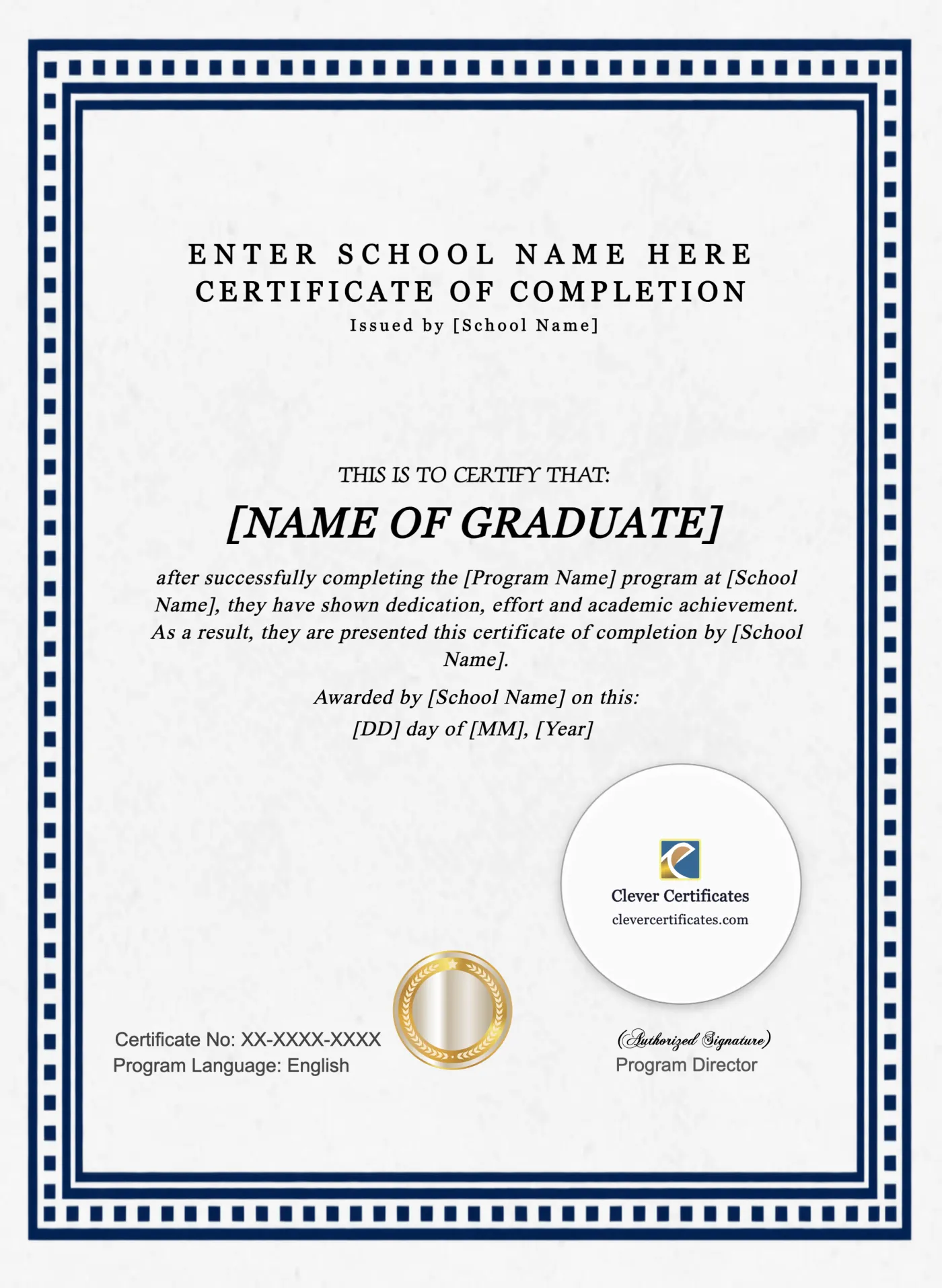 Program Completion Certificate Navy Classic Frame Letter Portrait — Certificate Template Preview