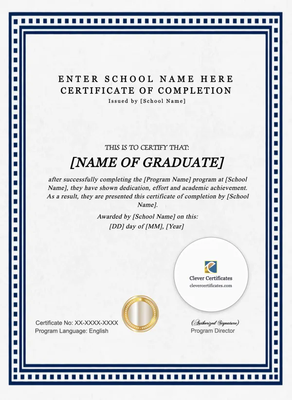 Program Completion Certificate – Navy Classic Frame Letter Portrait