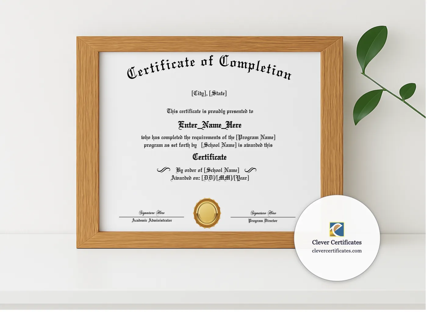 Realistic mockup featuring Program Completion Certificate Old English Flourish Landscape displayed within a modern frame, set against a minimalistic background.