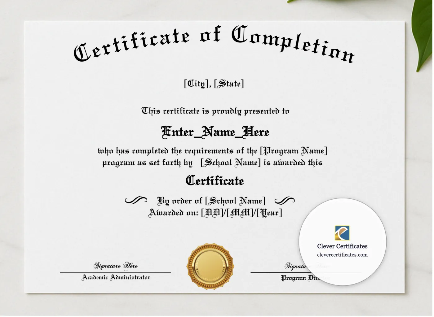 Program Completion Certificate Old English Flourish Landscape presented in a sleek wooden frame, elegantly arranged on a stylish table.
