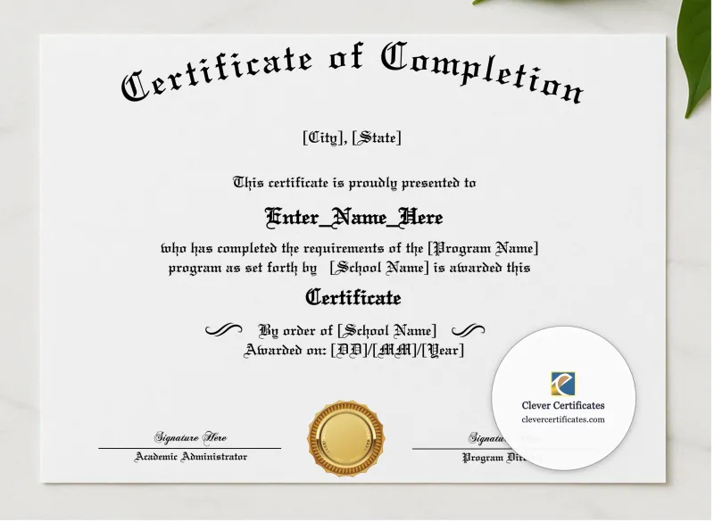 Program Completion Certificate Old English Flourish Landscape presented in a sleek wooden frame, elegantly arranged on a stylish table.