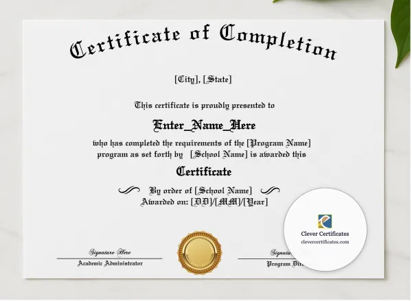 Program Completion Certificate Old English Flourish Landscape presented in a sleek wooden frame, elegantly arranged on a stylish table.