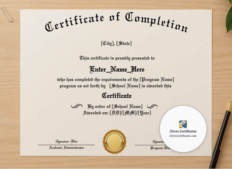 Professional preview of Program Completion Certificate Old English Flourish Landscape certificate on high-quality stationery paper, ideal for showcasing the final look.