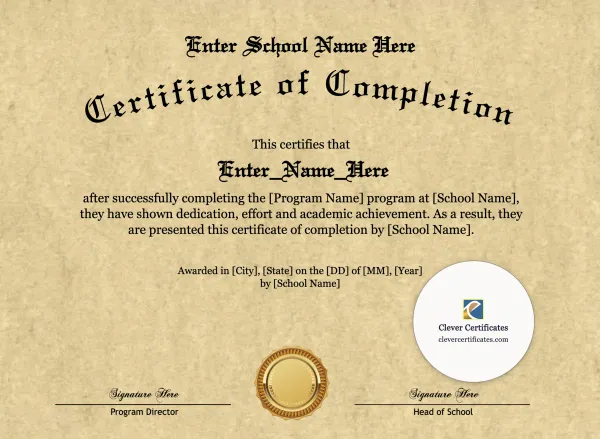 Program Completion Certificate – Old English Classic Landscape