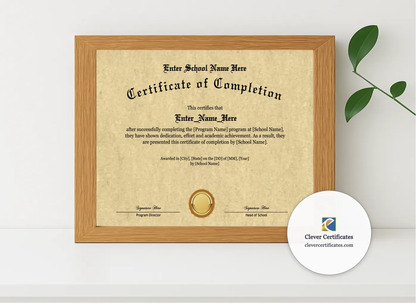 Realistic mockup featuring Program Completion Certificate Old English Classic Landscape displayed within a modern frame, set against a minimalistic background.