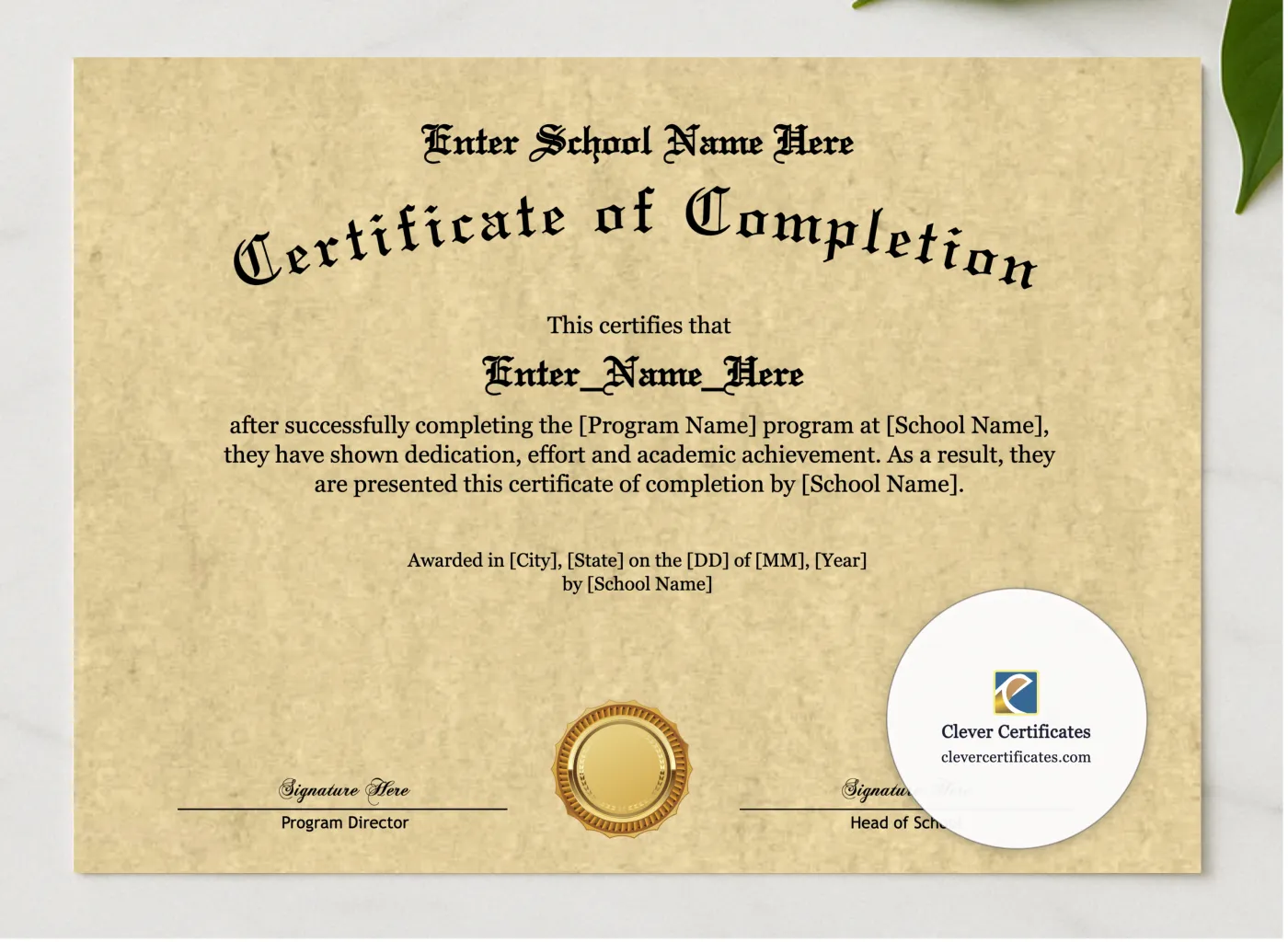 Program Completion Certificate Old English Classic Landscape presented in a sleek wooden frame, elegantly arranged on a stylish table.