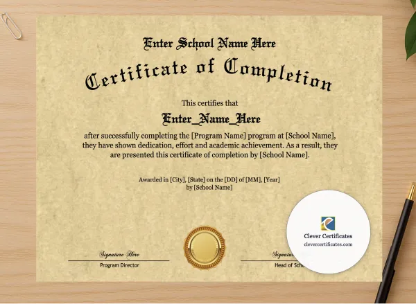 Professional preview of Program Completion Certificate Old English Classic Landscape certificate on high-quality stationery paper, ideal for showcasing the final look.