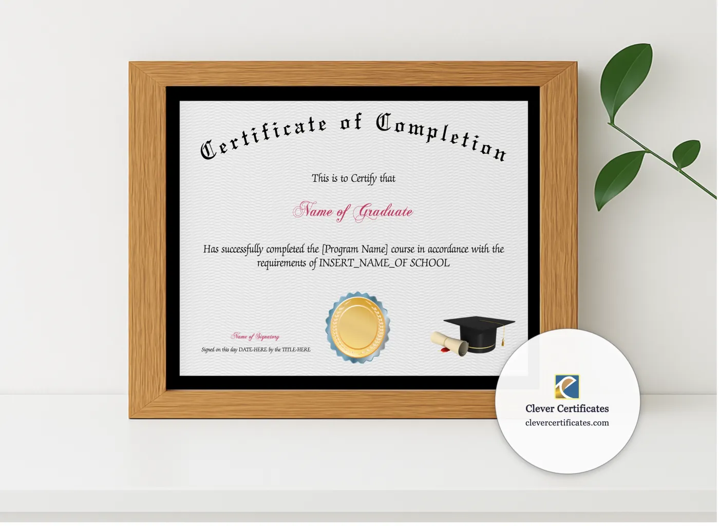 Realistic mockup featuring Program Completion Certificate Black Border Scroll Emblem Landscape displayed within a modern frame, set against a minimalistic background.