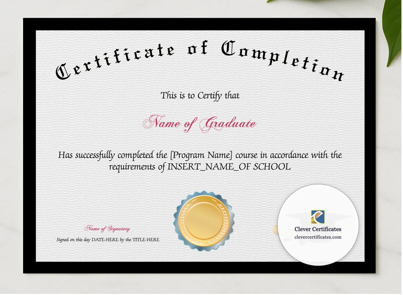 Program Completion Certificate Black Border Scroll Emblem Landscape presented in a sleek wooden frame, elegantly arranged on a stylish table.