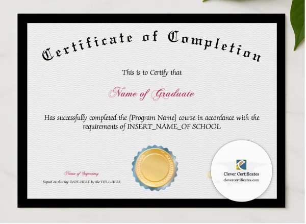 Program Completion Certificate Black Border Scroll Emblem Landscape presented in a sleek wooden frame, elegantly arranged on a stylish table.