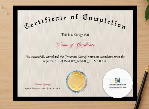 Professional preview of Program Completion Certificate Black Border Scroll Emblem Landscape certificate on high-quality stationery paper, ideal for showcasing the final look.