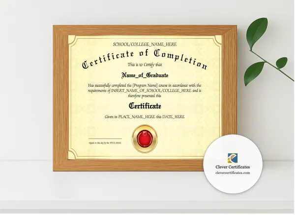 Realistic mockup featuring Program Completion Certificate Gold Lines Red Seal Landscape displayed within a modern frame, set against a minimalistic background.