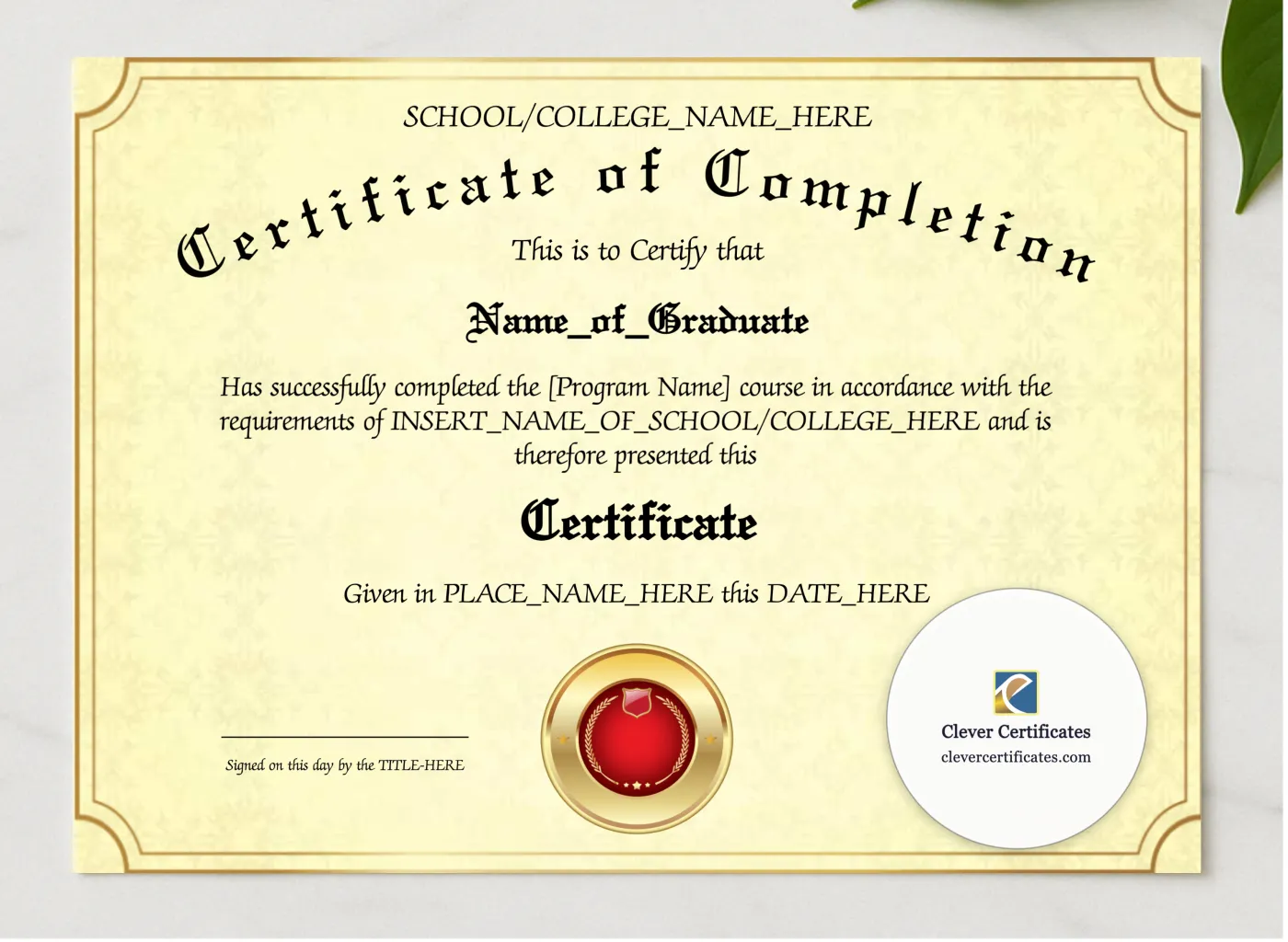 Program Completion Certificate Gold Lines Red Seal Landscape presented in a sleek wooden frame, elegantly arranged on a stylish table.