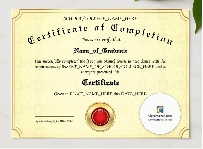 Program Completion Certificate Gold Lines Red Seal Landscape presented in a sleek wooden frame, elegantly arranged on a stylish table.