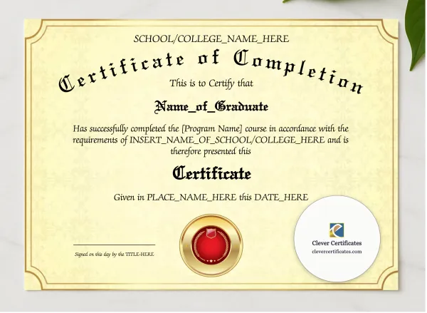 Program Completion Certificate Gold Lines Red Seal Landscape presented in a sleek wooden frame, elegantly arranged on a stylish table.