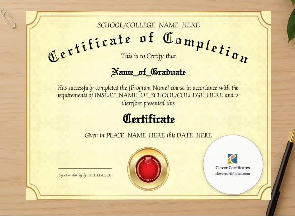 Professional preview of Program Completion Certificate Gold Lines Red Seal Landscape certificate on high-quality stationery paper, ideal for showcasing the final look.
