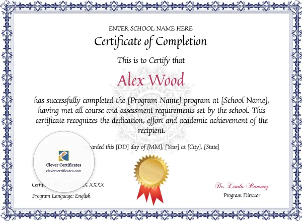 Program Completion Certificate – Blue Filigree Watermark Landscape
