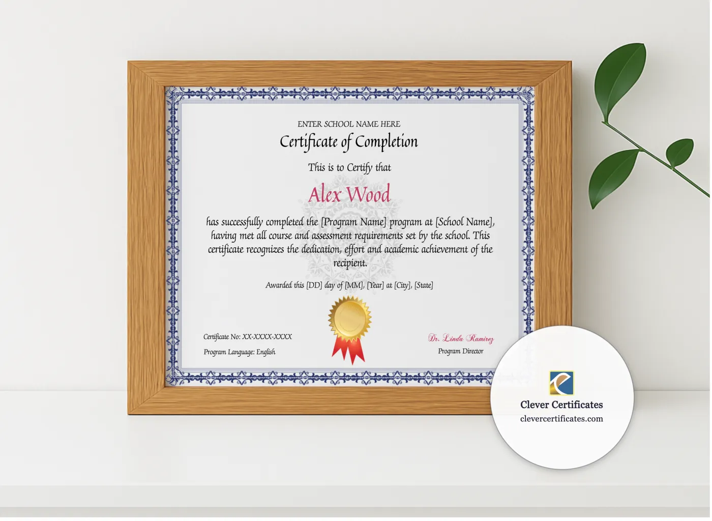 Realistic mockup featuring Program Completion Certificate Blue Filigree Watermark Landscape displayed within a modern frame, set against a minimalistic background.