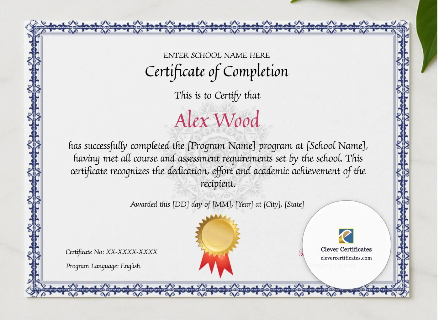 Program Completion Certificate Blue Filigree Watermark Landscape presented in a sleek wooden frame, elegantly arranged on a stylish table.