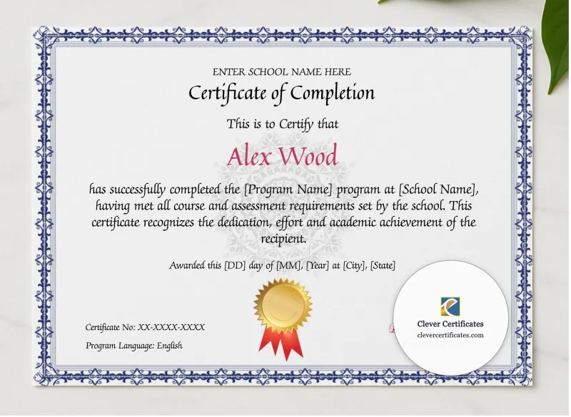 Program Completion Certificate Blue Filigree Watermark Landscape presented in a sleek wooden frame, elegantly arranged on a stylish table.