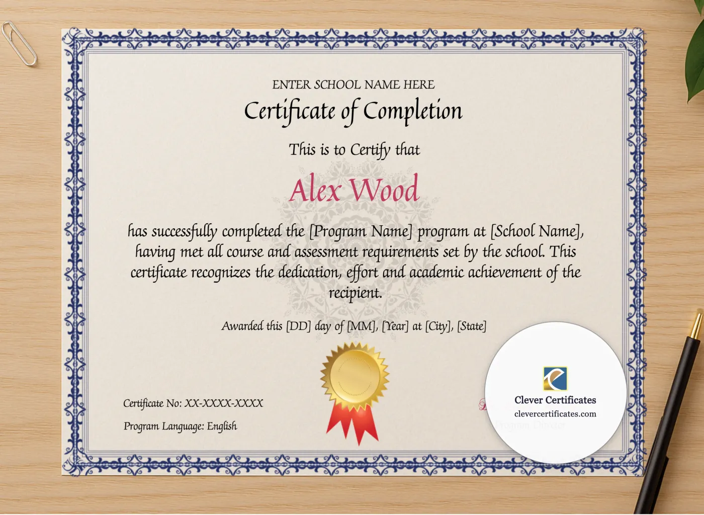 Professional preview of Program Completion Certificate Blue Filigree Watermark Landscape certificate on high-quality stationery paper, ideal for showcasing the final look.